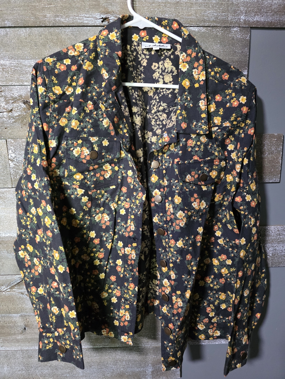 Women's Floral Utility Jacket - Black with Yellow & Orange Flowers